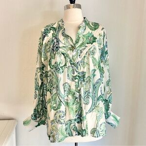 Mixed Paisley Print Rayon Blend Balloon Sleeve Flowy Button Down Top, Green, L